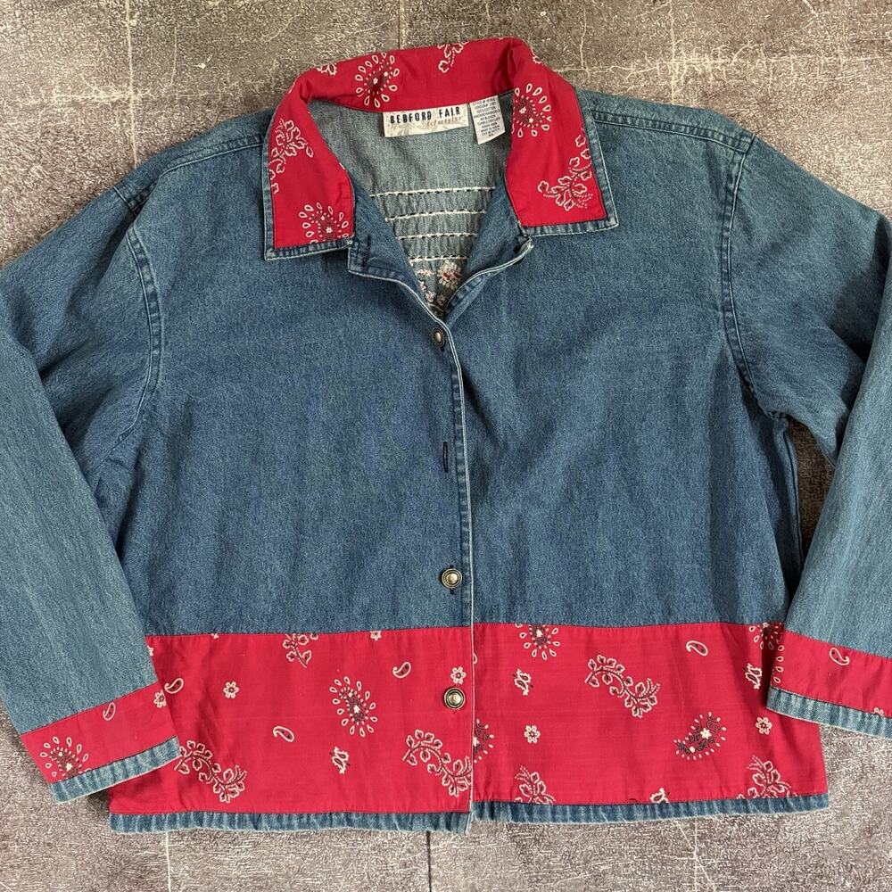 Women's Vintage 90's Bedford Fair Denim Blue Red Bandana Chore Coat Jacket Sz XL